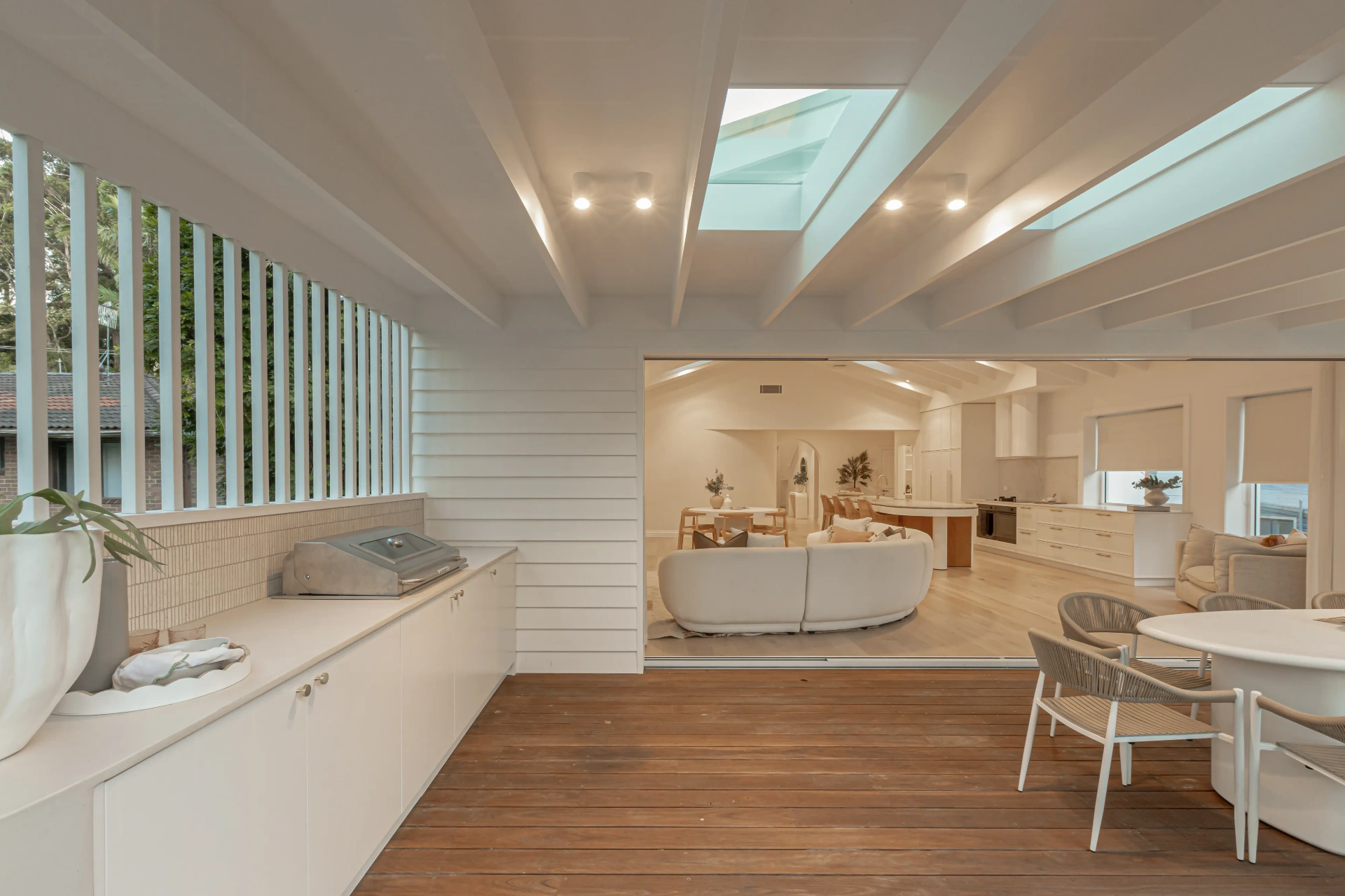 Outdoor alfresco kitchen with skylight and downlight installation